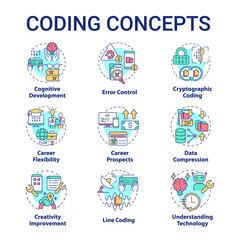 Coding concept icons set. Software developer job and skills. Programming idea thin line color illustrations. Isolated outline drawings. Editable stroke. Roboto-Medium, Myriad Pro-Bold fonts used