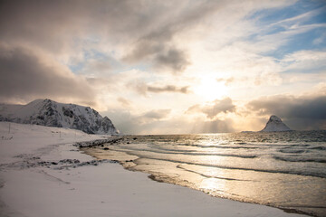 Fototapeta na wymiar Winter in Bleik Beach, Lofoten Islands, Northern Norway