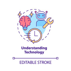 Understanding technology concept icon. Skills for programming. Coding abstract idea thin line illustration. Isolated outline drawing. Editable stroke. Roboto-Medium, Myriad Pro-Bold fonts used