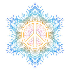 Peace symbol over decorative ornate background mandala round pattern. Boho, hippie style. Freedom, spirituality, occultism, textiles art. Vector illustration for t-shirt print isolated on background.