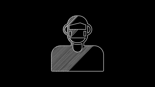 White line Man face in a medical protective mask icon isolated on black background. Quarantine. 4K Video motion graphic animation
