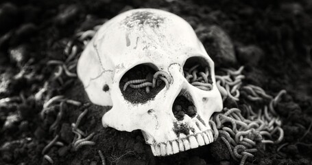 Human skull in the soil black and white