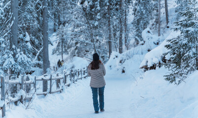 Fototapeta na wymiar Woman taking a walk in the middle of a snow-filled forest