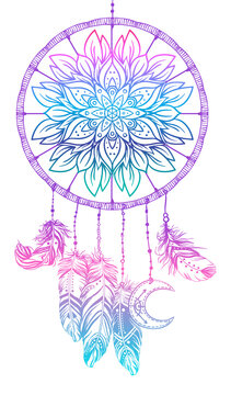 Hand drawn Native American Indian talisman dreamcatcher with feathers and moon. Vector hipster illustration isolated on white. Ethnic design, boho chic, tribal symbol. Coloring book for adults.