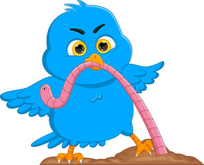 cute bird bites the worm and pulls it from the ground