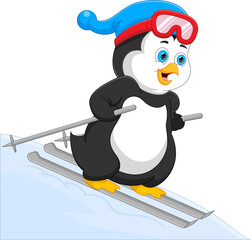 cartoon penguin skiing isolated on white background