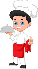 chef boy brings food tray and gives thumbs up