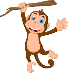 cute monkey hanging on the tree and waving