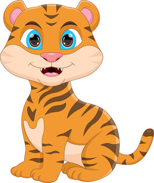 cartoon cute baby tiger on white background