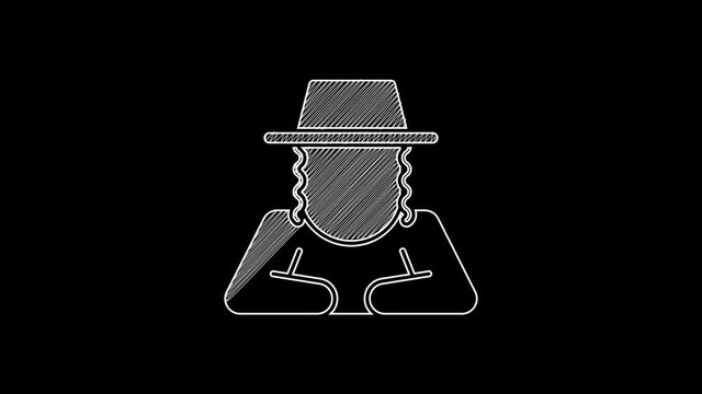 White line Orthodox jewish hat with sidelocks icon isolated on black background. Jewish men in the traditional clothing. Judaism symbols. 4K Video motion graphic animation