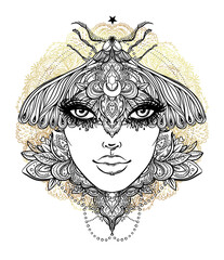 Weird beautiful moth on an girl face. Ornate decorated butterfly wings for eyes. Hand drawn vector illustration. Fantasy, occultism, tattoo art, coloring books, spirituality. Hipster print.