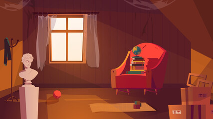 Attic room interior concept in flat cartoon design. Abandoned apartment with window, spider web at walls, old armchair, books, carton boxes, statue and other things. Vector illustration background © DesignSells