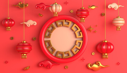 Chinese new year background 2022 with lantern, Chinese gold coin, frame, copy space text, 3d rendering illustration