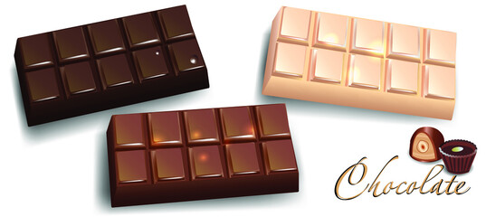 A set of milk, dark and white chocolate bars and two sweets