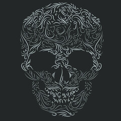 White pattern in the shape of a skull on a gray background, vector