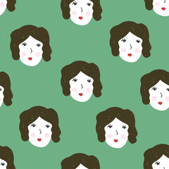 Cute portraits of  brunet girl  repeated on  green background. Simple and stylish Scandinavian print.