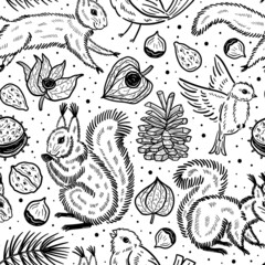 Forest animals, nature, plants. Squirrel, bird, pine, nut, chestnut, branch, seed, physalis, winter cherry. Black silhouette ink vector illustration. Seamless pattern, texture, background.