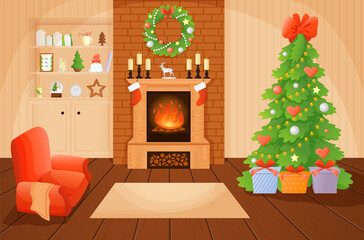New Year and Christmas interior. Cartoon room