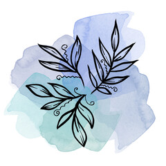 Set Floral botanical isolated Leaf illustration element on watercolor blue blots. Line art hand drawing Leave on white background for frame or border, backdrop