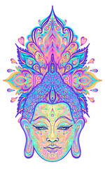 Ornate mandala patterned face of Lord Buddha. Esoteric vintage vector illustration. Indian, Buddhism, spiritual art. Hippie tattoo, spirituality, Thai god, yoga mat design.