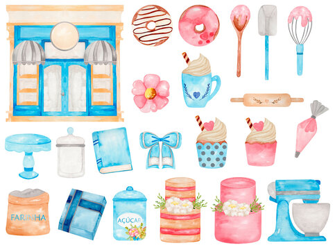 Set Cake Watercolor Blue Confectionery Sweety