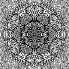 Vector ornamental mandala inspired ethnic art, patterned Indian paisley. Hand drawn illustration. Invitation element. Tattoo, astrology, alchemy, boho and magic symbol.