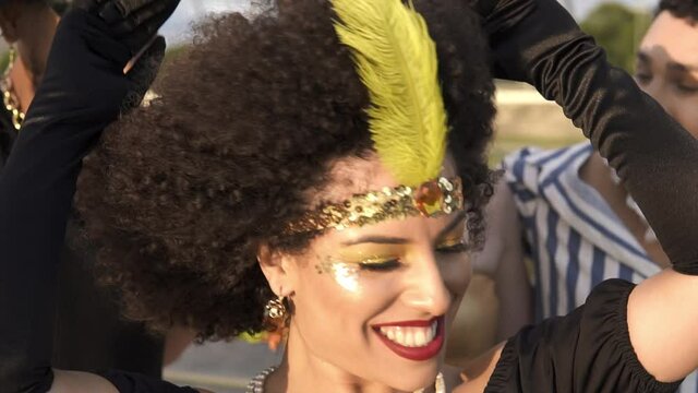 Carnival Party in Brazil, brazilian woman having fun at parade festival dressed