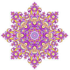 Vector ornamental mandala inspired ethnic art, patterned Indian paisley. Hand drawn illustration. Invitation element. Tattoo, astrology, alchemy, boho and magic symbol.