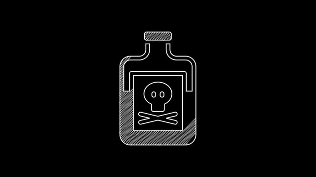 White line Poison in bottle icon isolated on black background. Bottle of poison or poisonous chemical toxin. 4K Video motion graphic animation