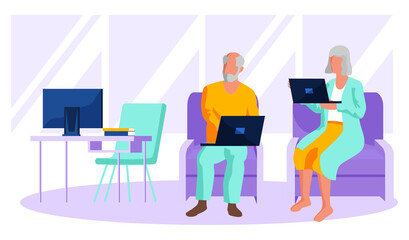 Senior man and woman sitting on sofa read e book and rest. Old people couple communicate with tablet. Grandparents use computers, modern gadgets. Concept of distance learning for retired people