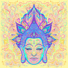 Ornate mandala patterned face of Lord Buddha. Esoteric vintage vector illustration. Indian, Buddhism, spiritual art. Hippie tattoo, spirituality, Thai god, yoga mat design.