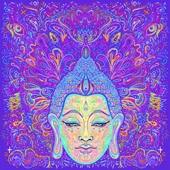Ornate mandala patterned face of Lord Buddha. Esoteric vintage vector illustration. Indian, Buddhism, spiritual art. Hippie tattoo, spirituality, Thai god, yoga mat design.