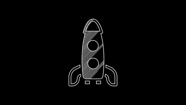 White line Rocket ship icon isolated on black background. Space travel. 4K Video motion graphic animation