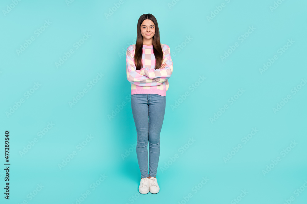 Canvas Prints Photo of sweet adorable school girl dressed prink pullover arms crossed smiling isolated teal color background