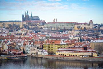 Panorama of a snow covered Prague Castle, Hradcany in winter