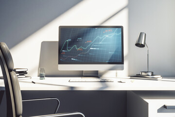 Modern computer monitor with abstract statistics data hologram interface, computing and analytics concept. 3D Rendering