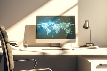 Computer monitor with abstract graphic digital world map with connections, globalization concept. 3D Rendering