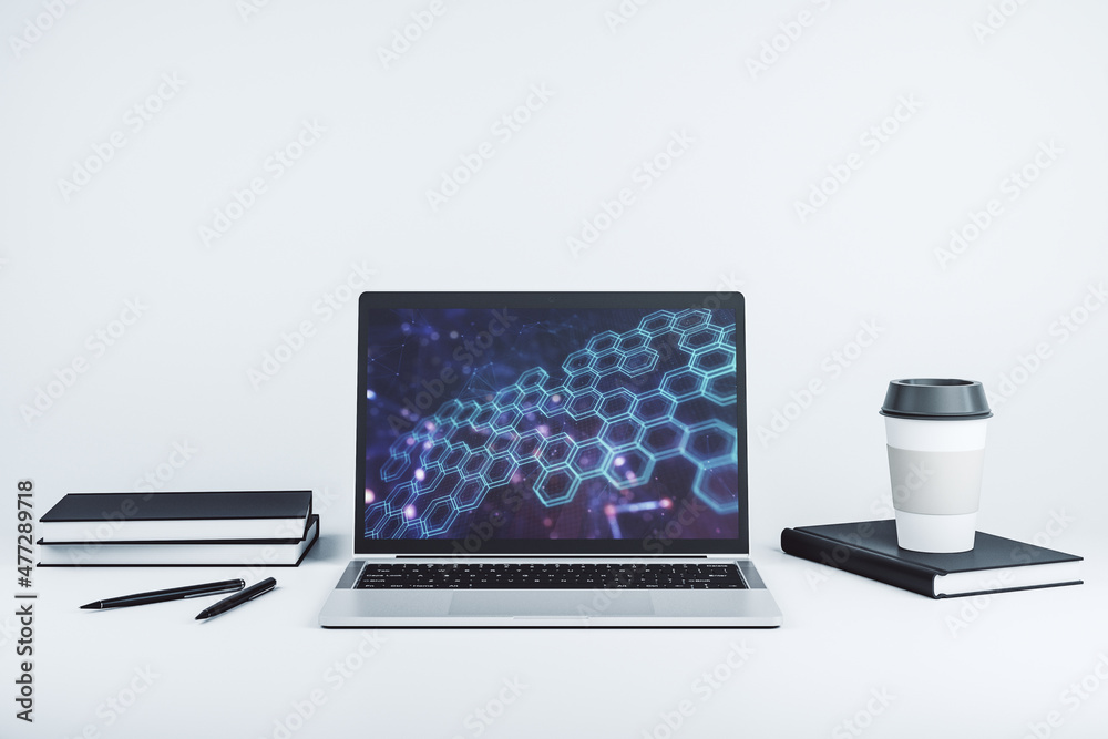 Poster creative abstract wireless technology hologram with hexagon on modern computer monitor, artificial i