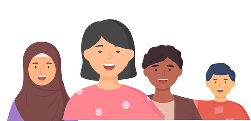 Multiethnic group of people standing together community and togetherness concept, diversity portrait. Characters men and women isolated on white. Crowd community. Social diversity friends or relatives