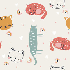 Seamless pattern with funny cartoon cats. Kids print. Vector hand drawn illustration.