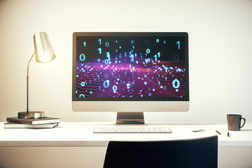 Creative abstract binary code hologram on modern computer monitor, AI and machine learning concept. 3D Rendering