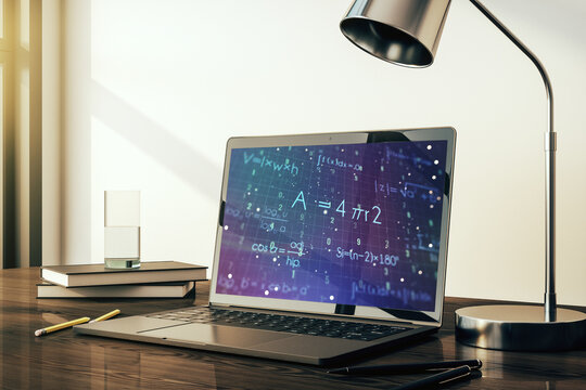 Creative scientific formula hologram on modern laptop monitor, research concept. 3D Rendering