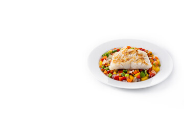 Grilled cod with vegetables in plate isolated on white background.Copy space