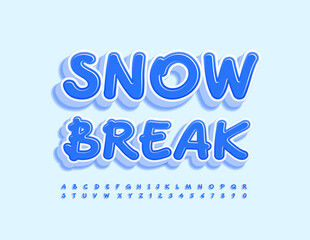 Vector creative Sign Snow Break. Playful Blue Font. Bright Alphabet Letters and Numbers set