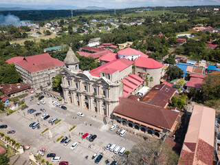 Scenic Aerial Drone View on the Heritage Town Taal and the Historic Minor Basilica of Saint Martin of Tours in Batangas, Philippines