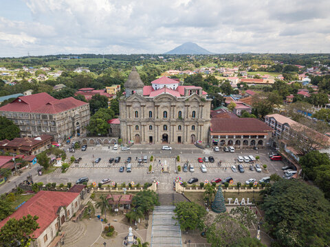Scenic Aerial Drone View on the Heritage Town Taal and the Historic Minor Basilica of Saint Martin of Tours in Batangas, Philippines