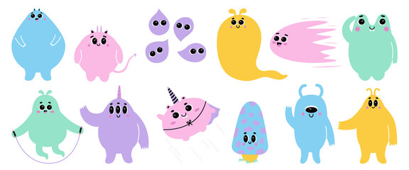 Set of cute monsters with happy face emotions. Bizzare kind characters in flat style. Adorable childish creatures in pastel colors. Hand drawn comic beasts isolated on white background - obrazy, fototapety, plakaty