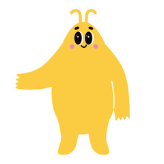 Cute monster with happy face emotion. Bizzare kind character in flat style. Adorable childish creature in pastel color. Hand drawn comic beast isolated on white background