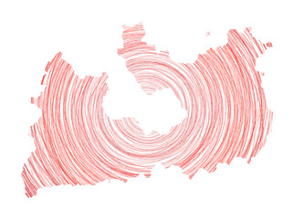 Milos map filled with concentric circles. Sketch style circles in the shape of the island. Vector illustration.
