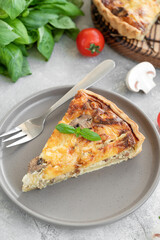 Quiche with mushrooms and chicken in a creamy filling on a gray concrete background. Copy space.